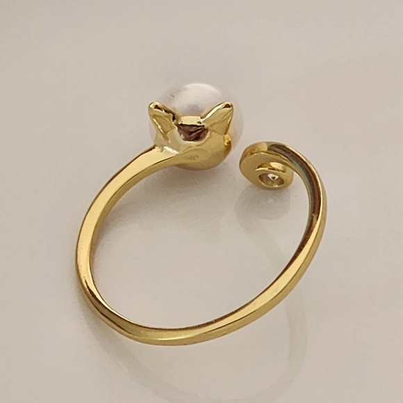 925S Real 8mm Cultured Freshwater Pearl Cat Shape Gold Ring - Adjustable - Picture 7 of 16